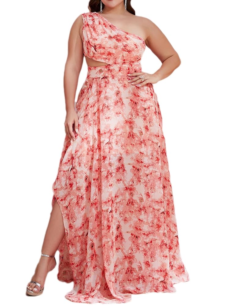 Plus Size One Shoulder Cut Out Chiffon Casual Maxi Dress